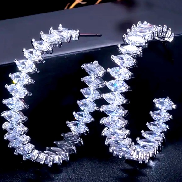 Marquise Diamond Simulated, Huggie, Large Hoop Earrings luxury Glam earrings - Picture 1 of 5